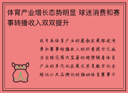 体育产业增长态势明显 球迷消费和赛事转播收入双双提升