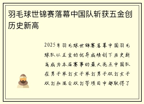 羽毛球世锦赛落幕中国队斩获五金创历史新高