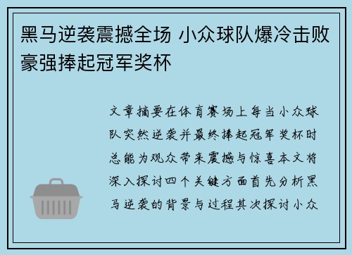 黑马逆袭震撼全场 小众球队爆冷击败豪强捧起冠军奖杯